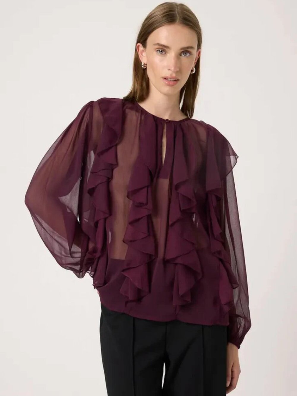 Soaked In Luxury brand Harietta Frill Blouse in colour Winetasting size XXL